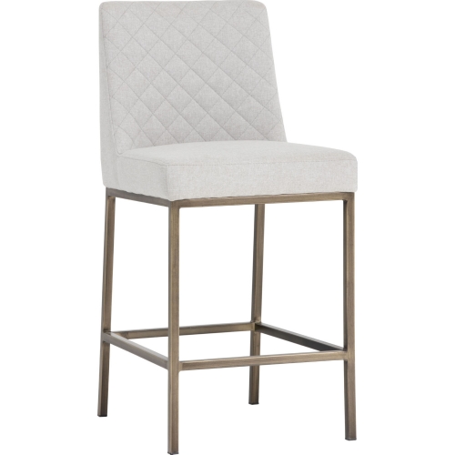 Leighland Counter Stool in Quilted Light Grey Fabric on Antique Brass